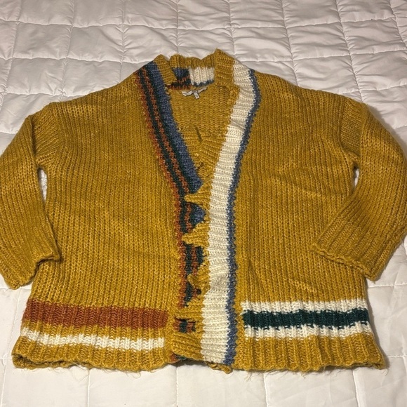 BKE Sweaters - Buckle BKE Mustard Yellow with Stripes Open Cardigan Sweater